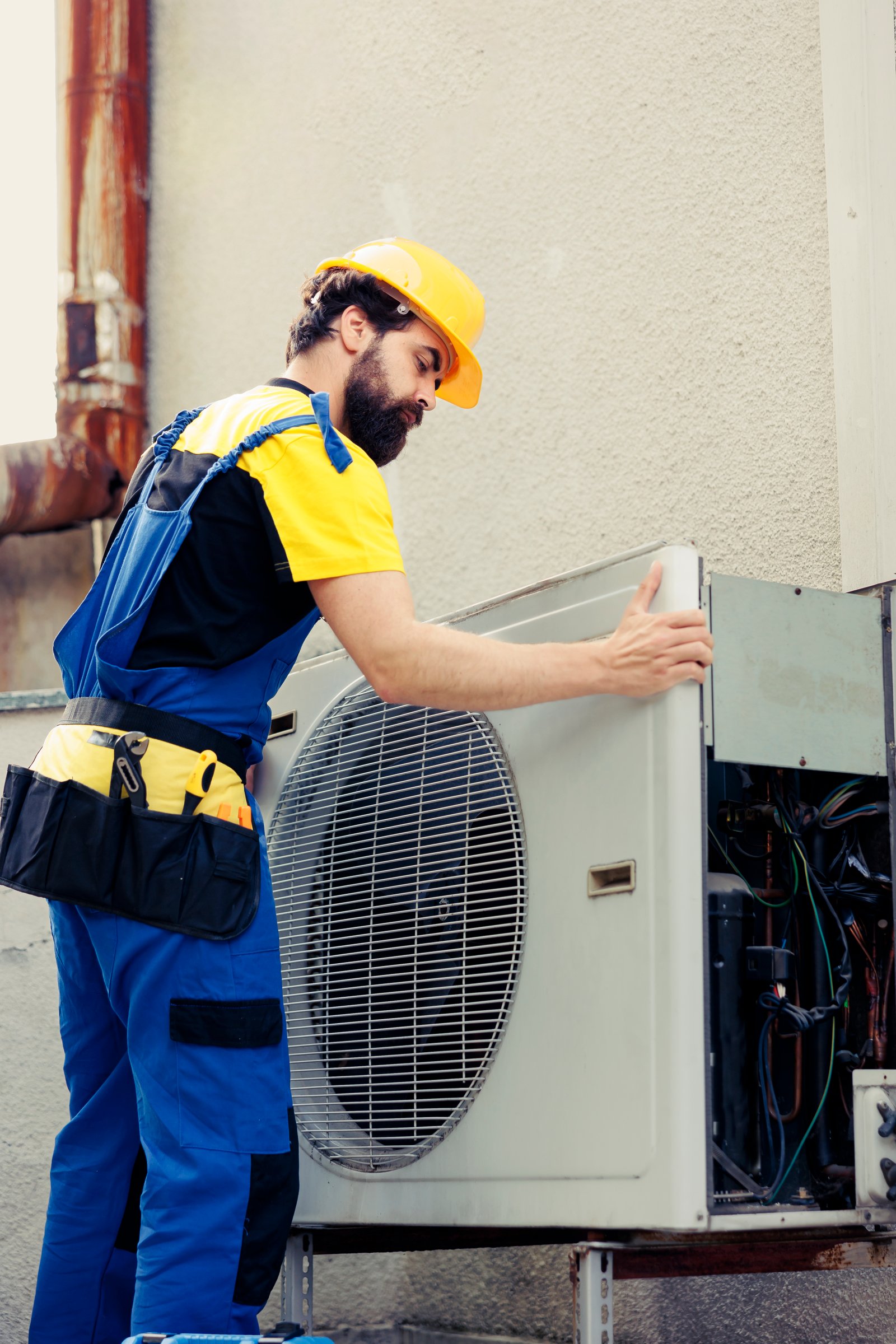 certified technician contracted fix broken air conditioner dismantling condenser front coil panel check faulty internal components electrician opening hvac system check improper wiring 1